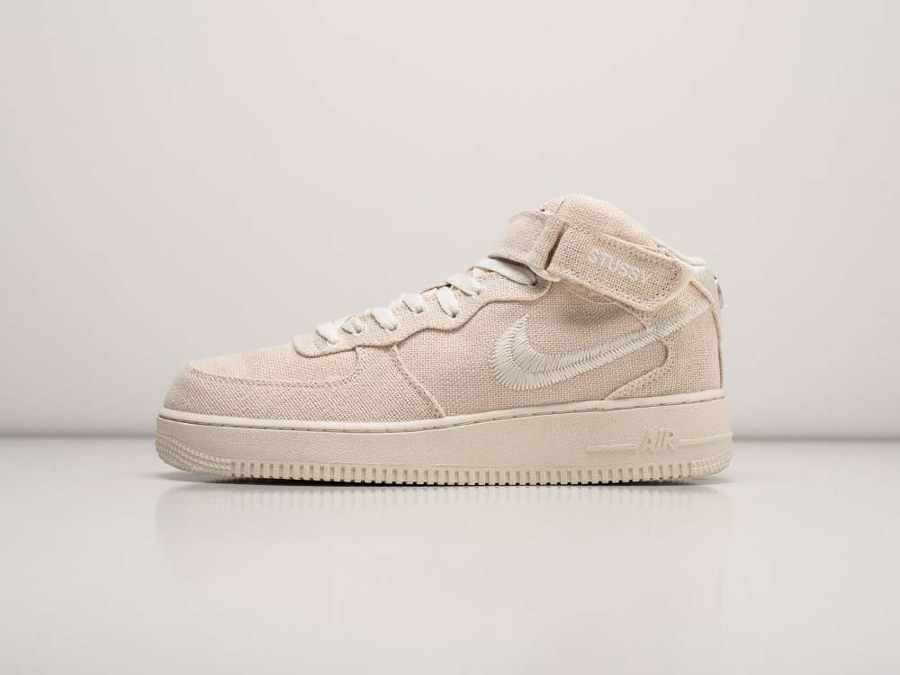 Nike Stussy x Air Force 1 Mid Fossil бежевые текстиль мужские (AR25975) - фото 1 Nike Stussy x Air Force 1 Mid Fossil бежевые текстиль мужские (AR25975) - фото 1